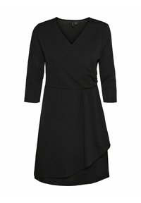 Schwarzes Wickelkleid mit Dreiviertelärmeln, V-Ausschnitt, asymmetrischem Saum und weicher Textur. Einfaches und vielseitiges Design.