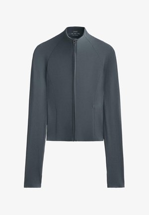 Veste zippée à manches longues gris foncé avec des manches et des côtés côtelés, deux petites poches zippées à l'avant et un col court.