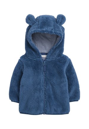 Veste bébé en peluche bleu avec capuche dotée d’oreilles d’ours et doublure intérieure rayée, fermeture éclair à l’avant.