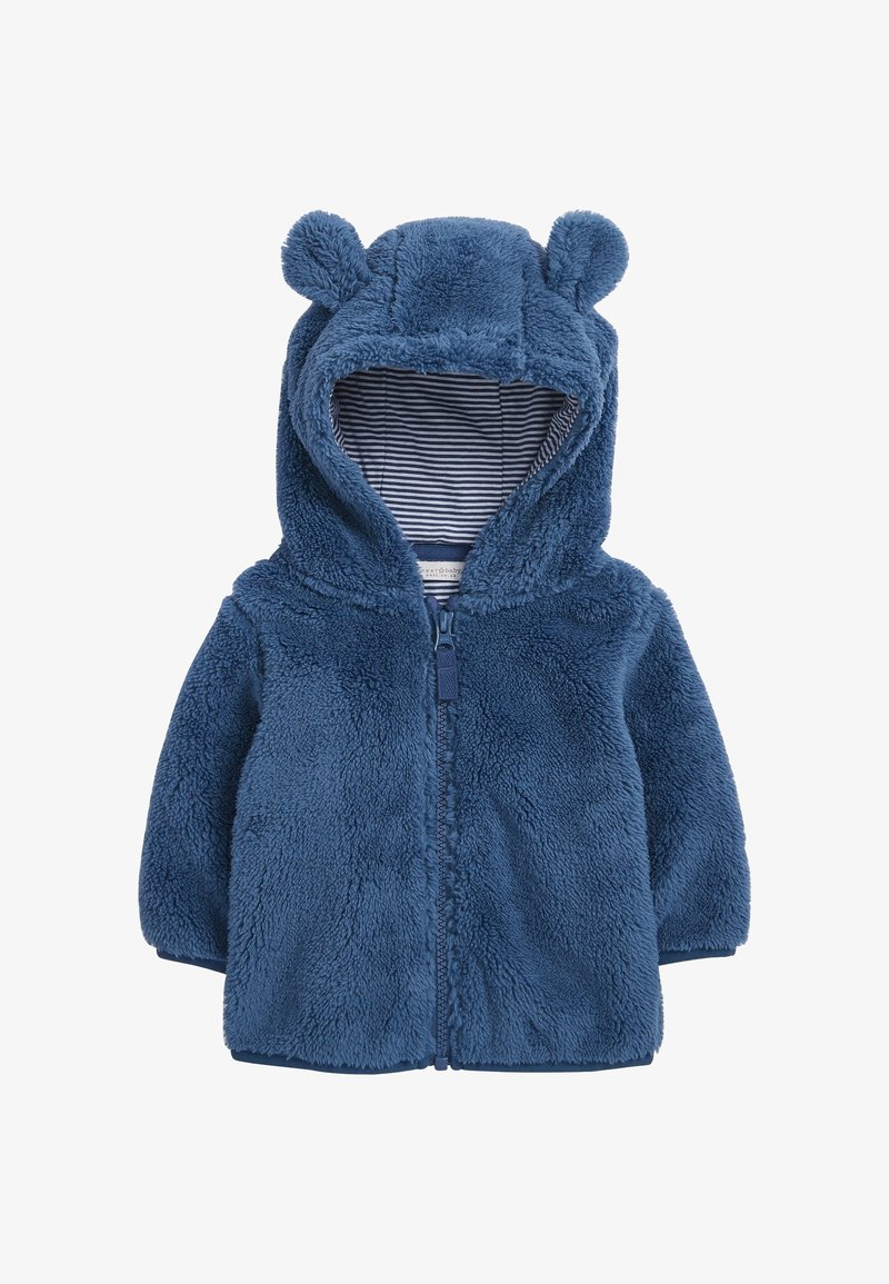Veste bébé en peluche bleu avec capuche dotée d’oreilles d’ours et doublure intérieure rayée, fermeture éclair à l’avant.