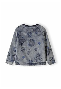Gray fleece sweatshirt featuring blue space-themed patterns, including planets and stars, with a round neck and long sleeves.