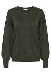 Maglione verde scuro con scollo rotondo, spalle scese e polsini a costine. Il tessuto presenta un leggero luccichio, offrendo un aspetto strutturato.