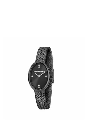 Orologio da polso ovale nero con cinturino intrecciato e testurizzato, quadrante minimalista che mostra lancette di ore e minuti e quattro indicatori simili a diamanti a 12, 3, 6 e 9.