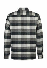 Zwart, wit en grijs geruite langwerpige blouse met een puntige kraag, knoopmanchetten en een rechte onderrand. Zachte stoftextuur.