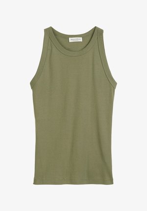 Oliwkowy top na ramiączkach, bez rękawów, wykonany z miękkiej bawełny, z okrągłym dekoltem i stębnowanymi brzegami. Brak widocznych wzorów lub akcentów.