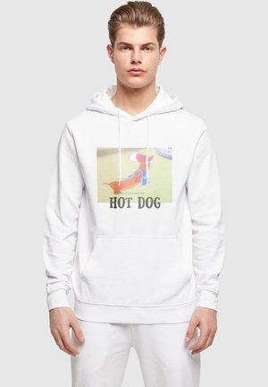 Hvid hættebluse med et cartoon hotdog grafik og teksten "HOT DOG" nedenfor. Materialet virker blødt og har en frontlomme som en kænguru.