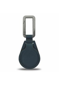 Portachiavi in pelle blu navy con un portachiavi circolare e una clip metallica rettangolare. Texture liscia con dettagli di cucitura visibili.