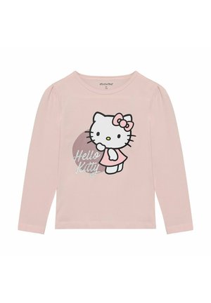 Langärmliges pinkes T-Shirt mit strukturiertemgrafischen Motiv von Hello Kitty in einem Kleid mit Schleife, versehen mit dem Text "Hello Kitty" in glitzernden Buchstaben.