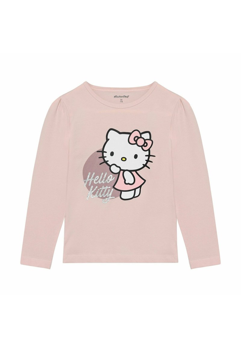 Langärmliges pinkes T-Shirt mit strukturiertemgrafischen Motiv von Hello Kitty in einem Kleid mit Schleife, versehen mit dem Text "Hello Kitty" in glitzernden Buchstaben.