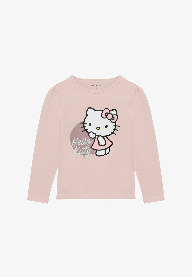 Langärmliges pinkes T-Shirt mit strukturiertemgrafischen Motiv von Hello Kitty in einem Kleid mit Schleife, versehen mit dem Text "Hello Kitty" in glitzernden Buchstaben.