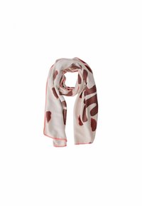 Écharpe légère en crème, avec un motif abstrait marron. Accentuée d'un point corail le long des bords. Texture douce et fluide.