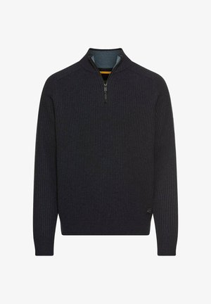 Mørk navy pullovertrøje med kvart lynlås, ribbet tekstur, kontrastfarvet indvendig kraveforing og en diskret logovirkning på kanten.