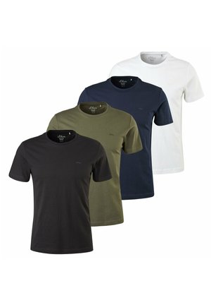 Cuatro camisetas lisas de manga corta con cuello redondo en negro, verde oliva, azul marino y blanco, dispuestas superpuestas en una fila.