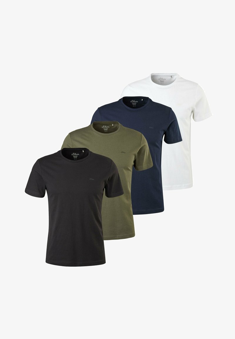 Quatre t-shirts unis à manches courtes et col rond en noir, vert olive, bleu marine et blanc, disposés en chevauchement en une rangée.