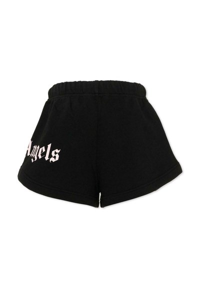 Shorts de sport noirs avec ceinture élastique et texte "Angels" de style gothique rose sur la jambe gauche.