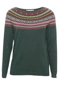 Maglione lavorato a maglia di colore verde scuro con collo tondo. Presenta un motivo geometrico colorato in rosa, bianco e oliva attorno alle spalle.