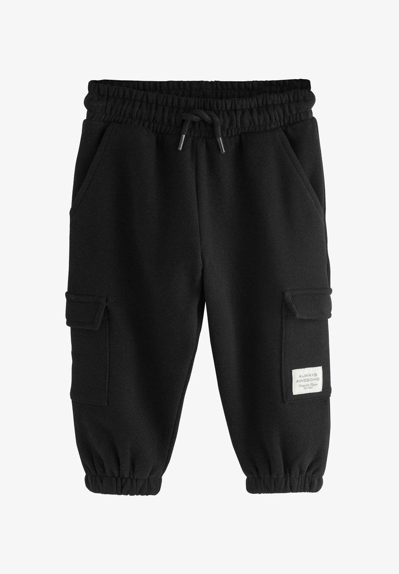 Pantaloni cargo neri per bambini con vita e polsini elastici, tasche laterali e una toppa con l'etichetta "Always Awesome" sulla tasca della gamba sinistra.