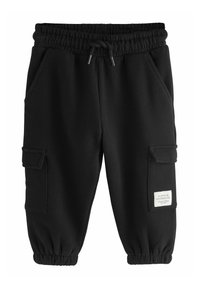 Schwarze Sweatpants mit elastischem Bund und Kordelzug, ausgestattet mit zwei seitlichen Taschen und zwei Cargotaschen. Weiches Material, mit Bundabschlüssen.