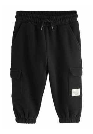 Pantaloni de trening negri cu talie elastică și șnur de ajustare, având două buzunare laterale și două buzunare cargo. Material moale, cu manșete la glezne.
