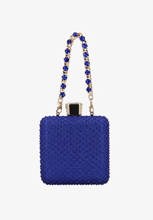 Blue sequined clutch bag with a square shape. Features a gold chain strap with blue accents and a crystal embellishment on the closure.