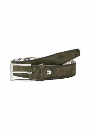 Green suede belt with a silver metal buckle, featuring a smooth texture and a decorative inner pattern. Adjustable length with a classic design.