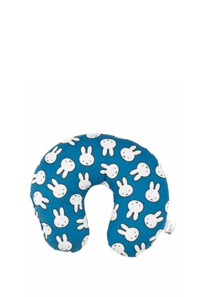 Blue neck pillow featuring a rabbit pattern in white, with a soft, smooth texture and U-shape design for comfort.