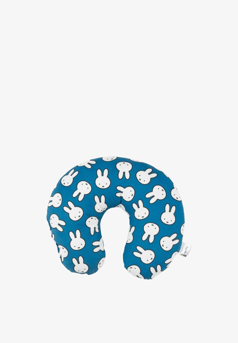 Blaustes Nackenkissen mit einem weißen Hasenmuster, weicher, glatter Textur und U-Form-Design für Komfort.