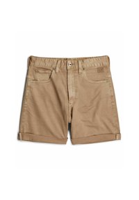 Pantalones cortos de algodón en tono beige con dobladillo enrollado, que cuentan con cinco bolsillos y accesorios de metal. Textura suave con un diseño clásico.