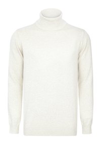 Suéter color crema con cuello alto hecho de una tela suave. Presenta un cuello, puños y dobladillo acanalados. Diseño sencillo, sin patrones ni adornos.