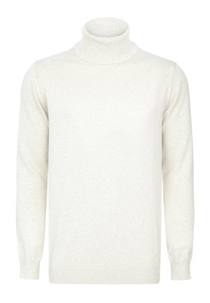 Suéter color crema con cuello alto hecho de una tela suave. Presenta un cuello, puños y dobladillo acanalados. Diseño sencillo, sin patrones ni adornos.