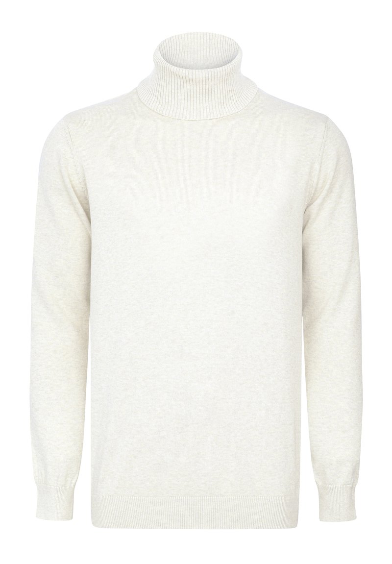 Suéter color crema con cuello alto hecho de una tela suave. Presenta un cuello, puños y dobladillo acanalados. Diseño sencillo, sin patrones ni adornos.