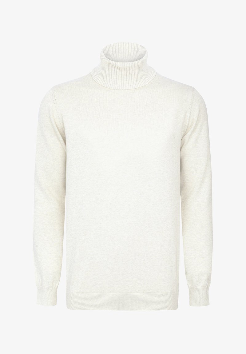 Cremfarbener Rollkragenpullover aus weichem Stoff. Verfügt über ein geripptes Kragen-, Bündchen- und Saumdesign. Schlichtes Design, ohne Muster oder Akzente.