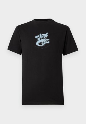 Zwarte katoenen T-shirt met ronde hals, voorzien van een lichtblauw grafisch logo "Santa Cruz Skateboards" in het midden. Korte mouwen.