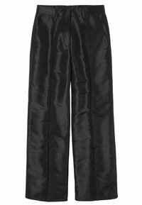 Černé kalhoty s širokými nohavicemi vyrobené z materiálu podobného saténu. Mají přední kapsy a hladkou texturu s jemným leskem.