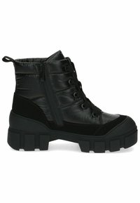Botines negros con textura acolchada y acolchado, con cremallera lateral y suela de goma gruesa con un patrón estriado.