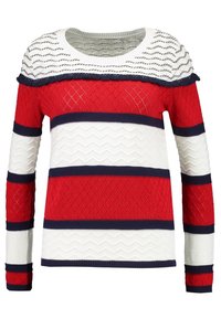 Pull à rayures rouges, blanches et bleu marine avec un motif texturé, col rond et manches longues. Poignets et ourlet côtelés.