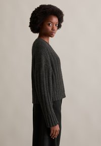 Herniet ribgebreide cardigan in houtskoolkleur met een ontspannen pasvorm, v-hals en knoopsluiting. De textuur is zacht, met lange mouwen en een cropped lengte.