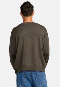 Gebreide bruine sweater met een ontspannen pasvorm, met donkere groene strepen op de mouwen en ribgebreide manchetten en onderrand.