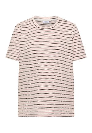 Haut en maille à manches courtes avec des rayures horizontales rose, violet et blanc, doté d'un col rond et d'un tissu léger.