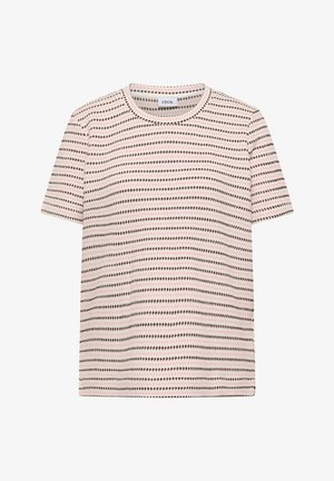 Krótki sweter z krótkim rękawem w poziome paski w kolorach różowym, fioletowym i białym, z okrągłym dekoltem i lekkim materiałem.