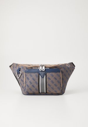 Brown and blue patterned fabric bag with a front pocket, silver hardware, and a diagonal grey stripe. Features a zipper closure and logo accent.