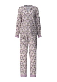 Langsleeve jumpsuit in een paarse en gele paisleyprint, met een V-hals en contrasterende lavendel manchetten aan de mouwen en enkels.