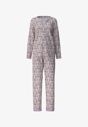 Long-sleeve jumpsuit in purple and yellow paisley pattern, featuring a V-neck and contrasting lavender cuffs at the sleeves and ankles.