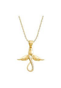 Guld vedhængs halskæde har et vinger-design med et uendelighedssymbol prydet med små, klare sten, hængende fra en fin kæde.