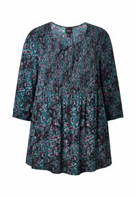 Túnica de estampado floral con escote en V y detalle de lazo, en colores azul verdoso, burdeos y negro. Confeccionada en tejido ligero y con un ajuste relajado.