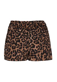 Leopard mintás sort, barna és fekete színkombinációval, elasztikus derékkal és fényes textúrával, könnyű anyagból készült.