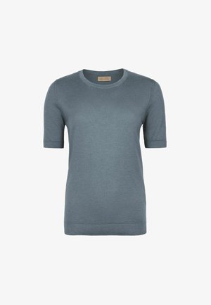 Kortærmet, rundhalset, lyseblå strikket sweater med ribbede manchetter og kant, præsenteret på en hvid baggrund.