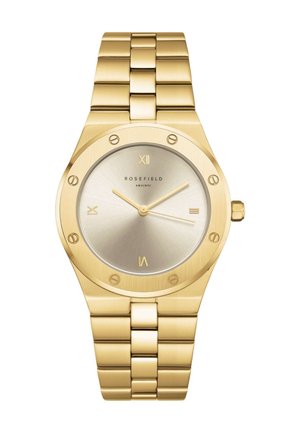 Gold-tone metal wristwatch with a round face, Roman numeral markers at 12, 3, 6, and 9, and a linked bracelet band.