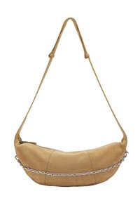 Tan suede shoulder bag with curved shape, a single long strap, and a silver chain accent across the front. Zipper closure on the side.