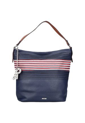 Navy leather handbag with a textured finish, featuring a woven red and white striped design, a brown shoulder strap, and silver charm detail.